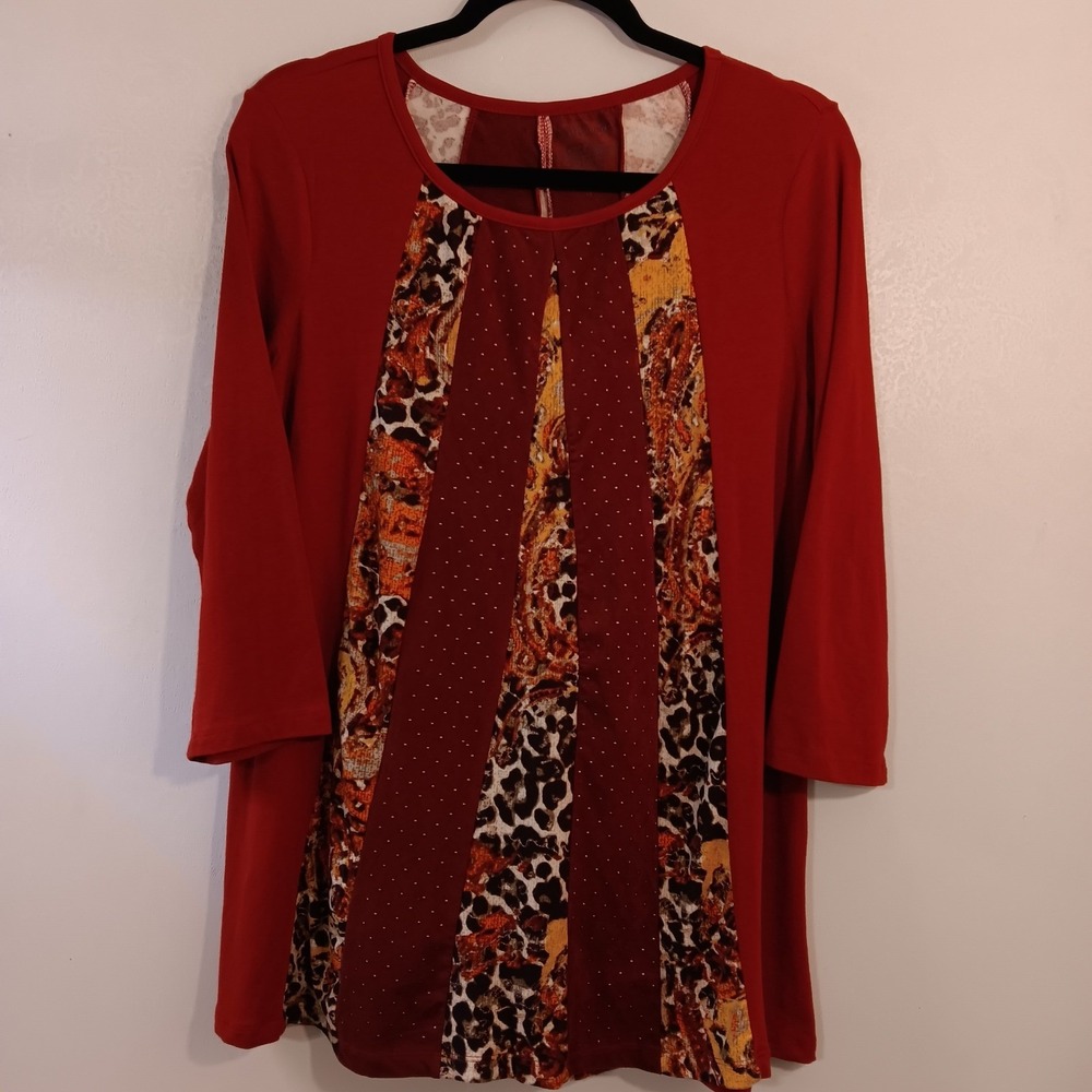 Westbound Womens Red Animal Print 3/4 Sleeve Round Neck Tunic Top Burnt Orange